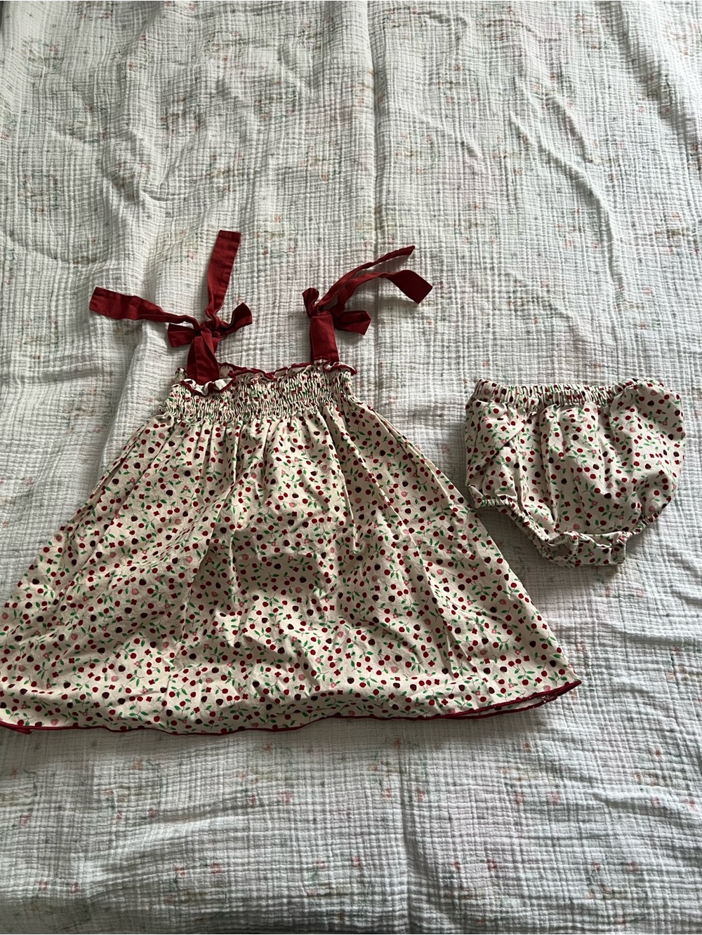 Edgehill Collection Cream Dress with Red Cherry Print and Red Tie Straps